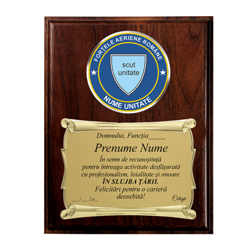 Placheta de Metal pentru Pensionare pe Placheta de Lemn Verticala - FORTELE AERIENE
