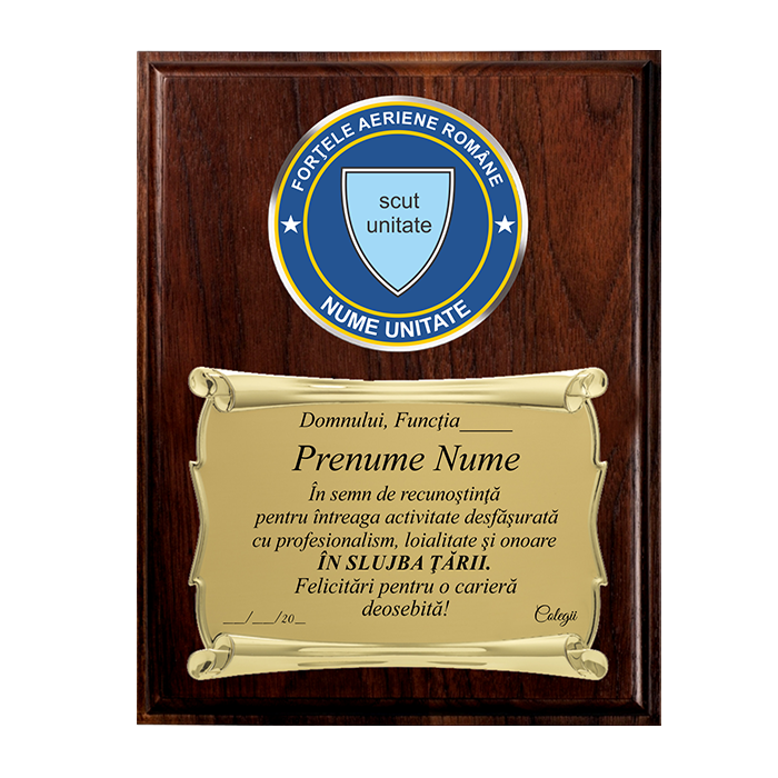Placheta de Metal pentru Pensionare pe Placheta de Lemn Verticala - FORTELE AERIENE