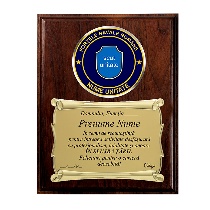 Placheta de Metal pentru Pensionare pe Placheta de Lemn Verticala - FORTELE NAVALE