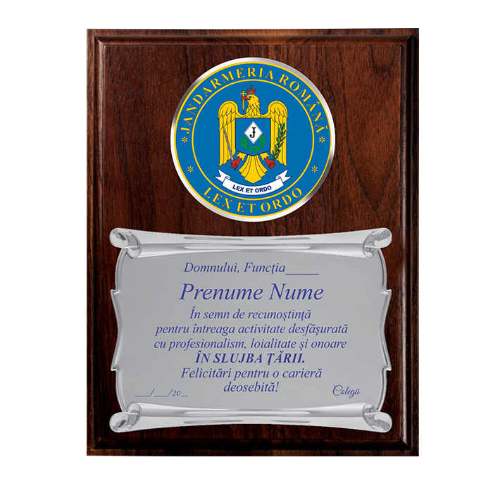 Placheta de Metal pentru Pensionare pe Placheta de Lemn Verticala -M.A.I. JANDARMERIA ROMANA