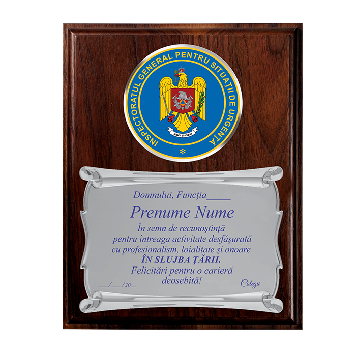 Placheta de Metal pentru Pensionare pe Placheta de Lemn Verticala -I.G.S.U