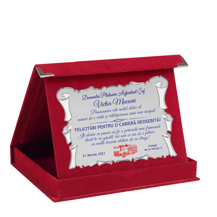 Pompier - Placheta Pensionare Cutie Plus Albastra/Bordo